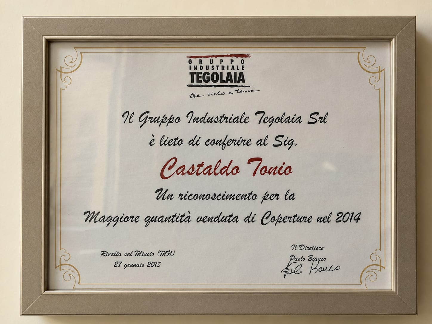 Riconoscimento Gruppo Industriale Tegolaia per la maggiore quantità di coperture venduta nel 2014